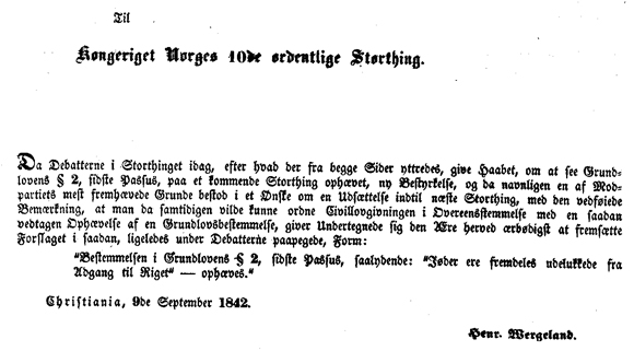 Wergeland forslag til grunnlovsendring september 1842