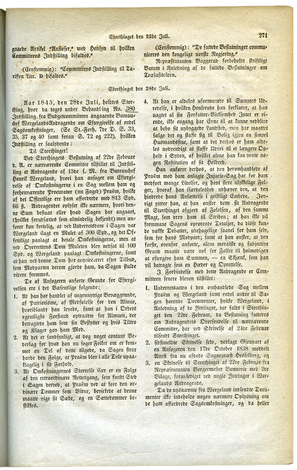 Indstilling No. 380 fra Budgetcomiteen 28. juli 1845, trykket 